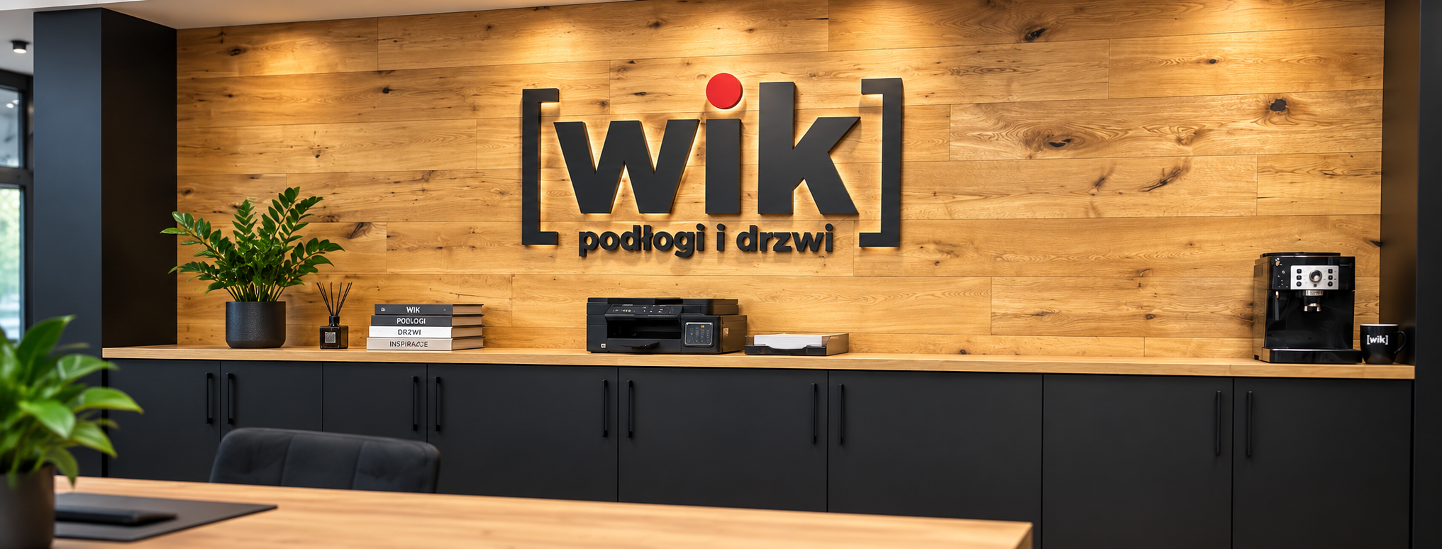 WIK — podłogi i drzwi. Strefa obsługi z drewnianą ścianą i logo firmy